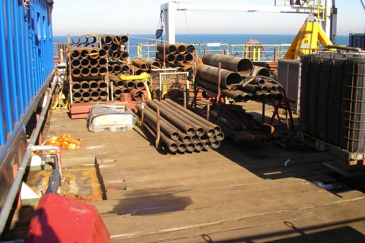 Drill pipes stacked up for nearshore CPT testing